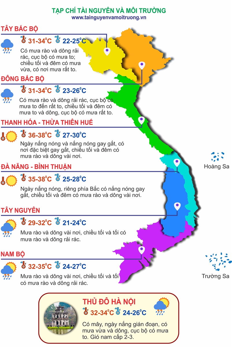 Thời tiết ngày 23/6: Bắc Bộ và Thanh Hóa có mưa rào và dông