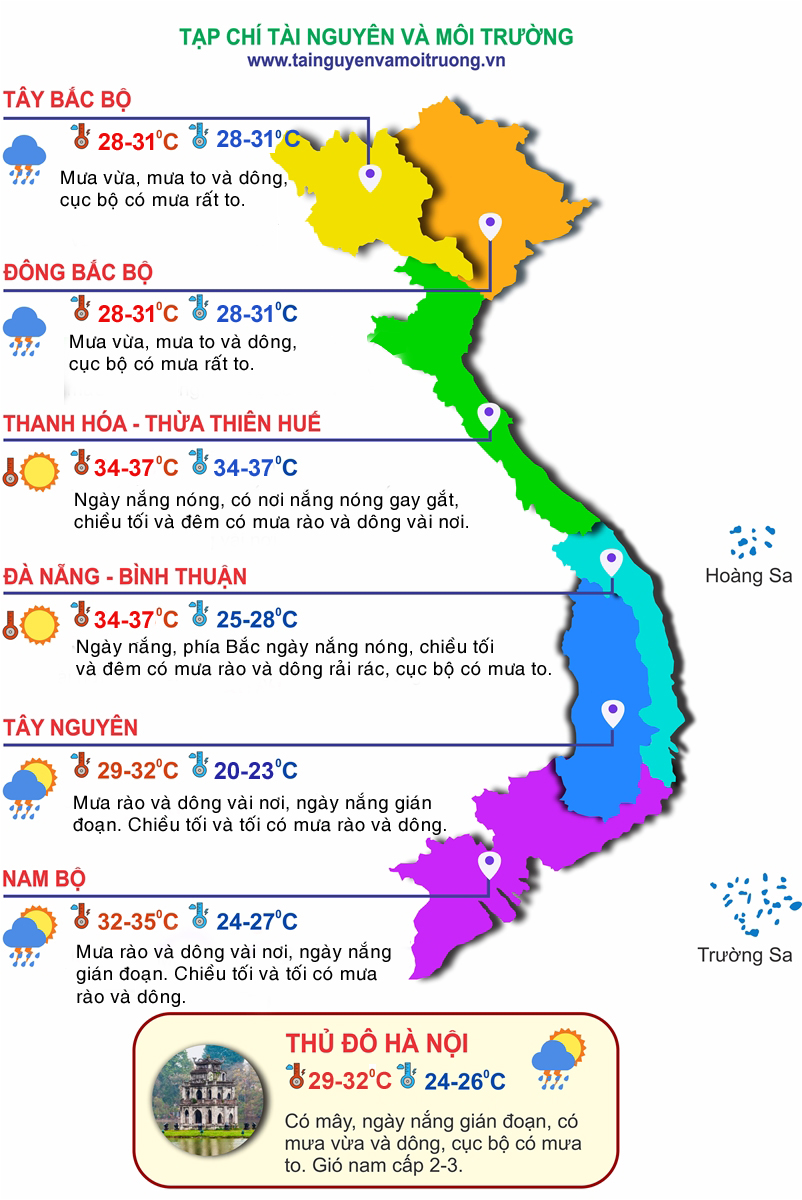 Thời tiết ngày 24/6: Bắc Bộ, Thanh Hóa và Nghệ An có mưa to