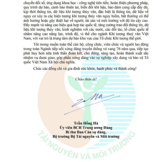 Thư chúc mừng của Bộ trưởng Trần Hồng Hà nhân 76 năm Ngày truyền thống ngành Khí tượng Thủy văn (03/10/1945 - 03/10/2021)