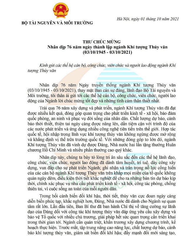 Thư chúc mừng của Bộ trưởng Trần Hồng Hà nhân 76 năm Ngày truyền thống ngành Khí tượng Thủy văn (03/10/1945 - 03/10/2021)