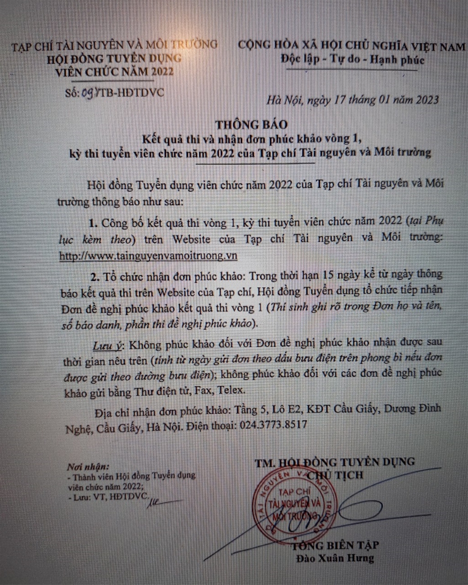 Thông báo Kết quả thi và nhận đơn phúc khảo vòng 1, kỳ thi tuyển viên chức năm 2022 của Tạp chí Tài nguyên và Môi trường
