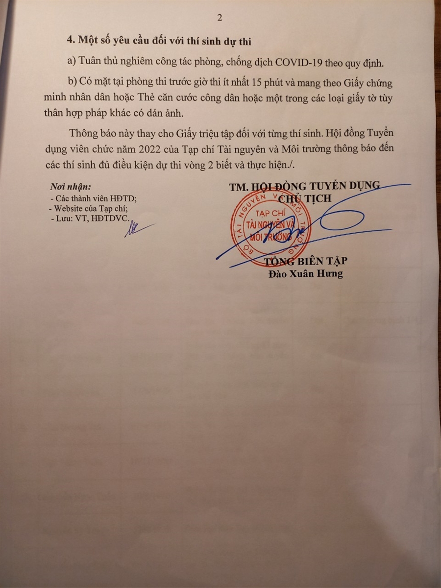 Thông báo Danh sách và triệu tập thí sinh đủ điều kiện dự thi vòng 2, kỳ thi tuyển viên chức năm 2022 của Tạp chí Tài nguyên và Môi trường