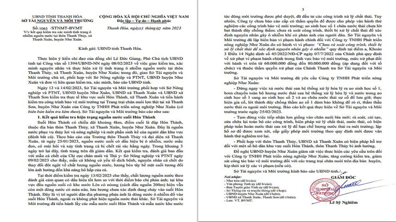 Sở TN&MT Thanh Hóa xác minh tình trạng ô nhiễm nguồn nước tại huyện Như Xuân