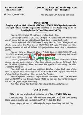 Phú Thọ: Nhìn lại những DN bị xử phạt hành chính trong lĩnh vực TNMT. Bài 1: Công ty Tiến Nga khai thác cát vượt ranh giới mỏ