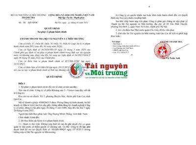 Thanh tra Bộ Tài nguyên và Môi trường xử phạt Công ty cổ phần Khoáng sản 3 - Vimico 208 triệu đồng