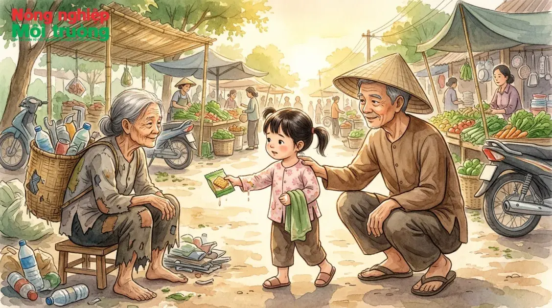 Ông nội dạy cháu gái biết thương người nghèo khó